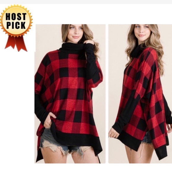 None Tops - NWT Trendy Groovy Glam Buffalo Plaid OVERSIZED Comfy Boho Tunic Poncho Black Red